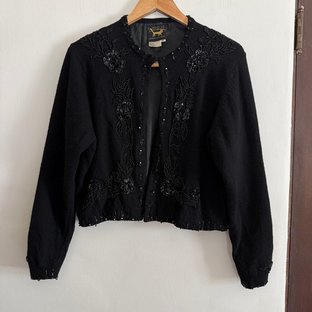 I DID IT | Vintage Black Lambswool / Angora Beaded Lined Cardigan | Medium